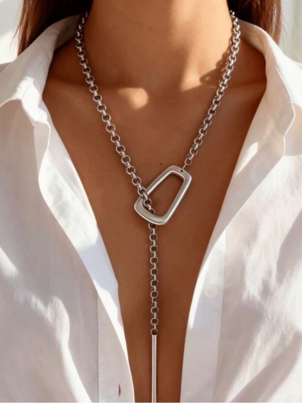 Silver Lariat Toggle Necklace - Modern Geometric Drop